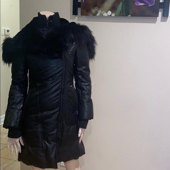 Black Sly & Co real leather & fur winter jacket size XS/S - Picture 2 of 16